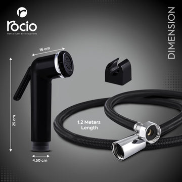 Rocio Black Bathroom Health Faucet gun Hand jet spray with 1.5 mtr. Nylon Braided hose pipe and Hook