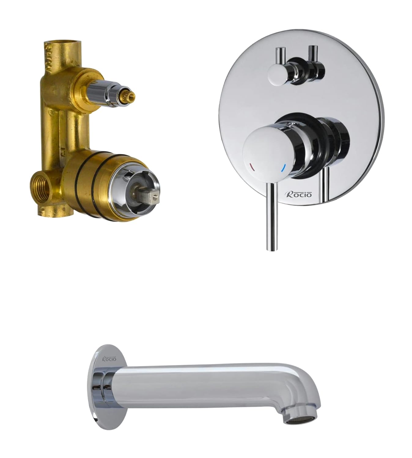 Rocio Uno Diverter Set Combo with Brass Chrome Plated spout and 40MM 4 WAY High Flow Concealed Diverter with Exposed Part Kit