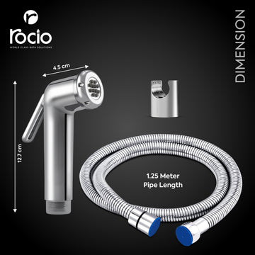 Rocio Health Faucet Set for Bathroom, Hand Jet Spray Gun for Toilet, Silicon Nozzel and Chrome Hand shower for Toilet with SS 304 CP Flexible Hose Pipe(1m) and Wall Holder