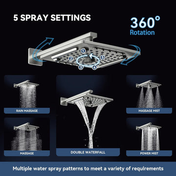 Rocio 10 x 10 inch  5-in 1 Function Multiflow Overhead Shower with SS 12-Inch Shower Arm and Flange.