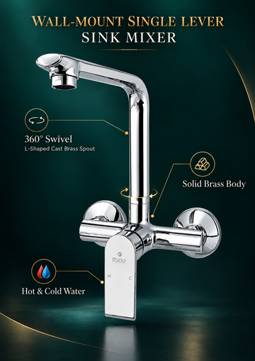 Wall-mount single lever sink mixer faucet in polished chrome highlighting 360° swivel L-shaped spout, solid brass body, and hot and cold water 