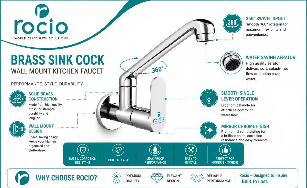 A wall-mounted brass sink faucet with a curved Long Brass spout and single lever handle, 